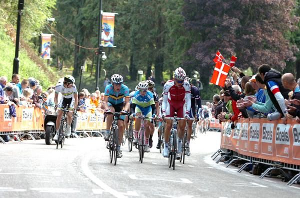 Riders attack the peloton on an early ascent of the Cauberg.