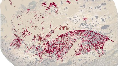 A cave painting of a human-like figure charging a warty pig