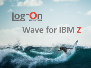 surfer riding a wave with "log-on wave for IBM Z" superimposed