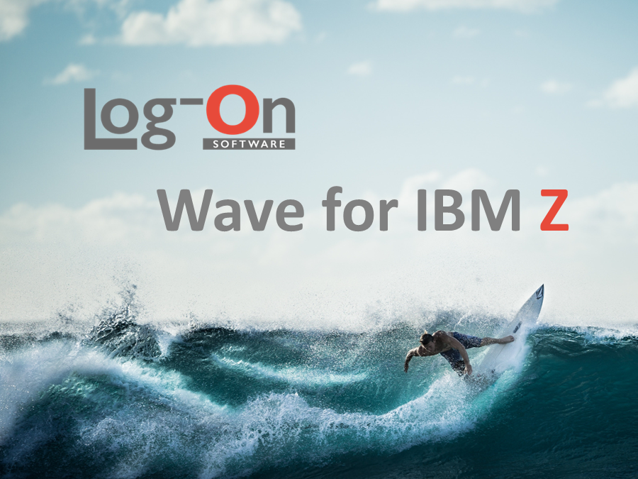 surfer riding a wave with &amp;quot;log-on wave for IBM Z&amp;quot; superimposed