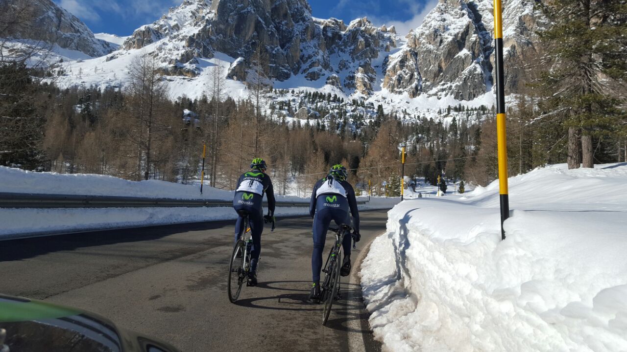 Alejandro Valverde and Andrey Amador (Movistar) preview the route for stage 14 of the Giro d'Italia
