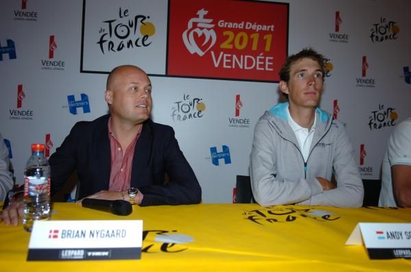 Leopard Trek manager Brian Nygaard with Schleck in the press conference.