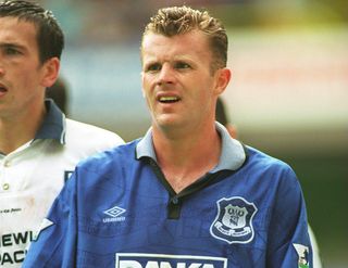 Graham Stuart looks on while playing for Everton against Tottenham, 1996