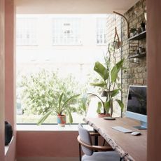 An earthy pink-painted home office with a wooden desk and a large window with plants