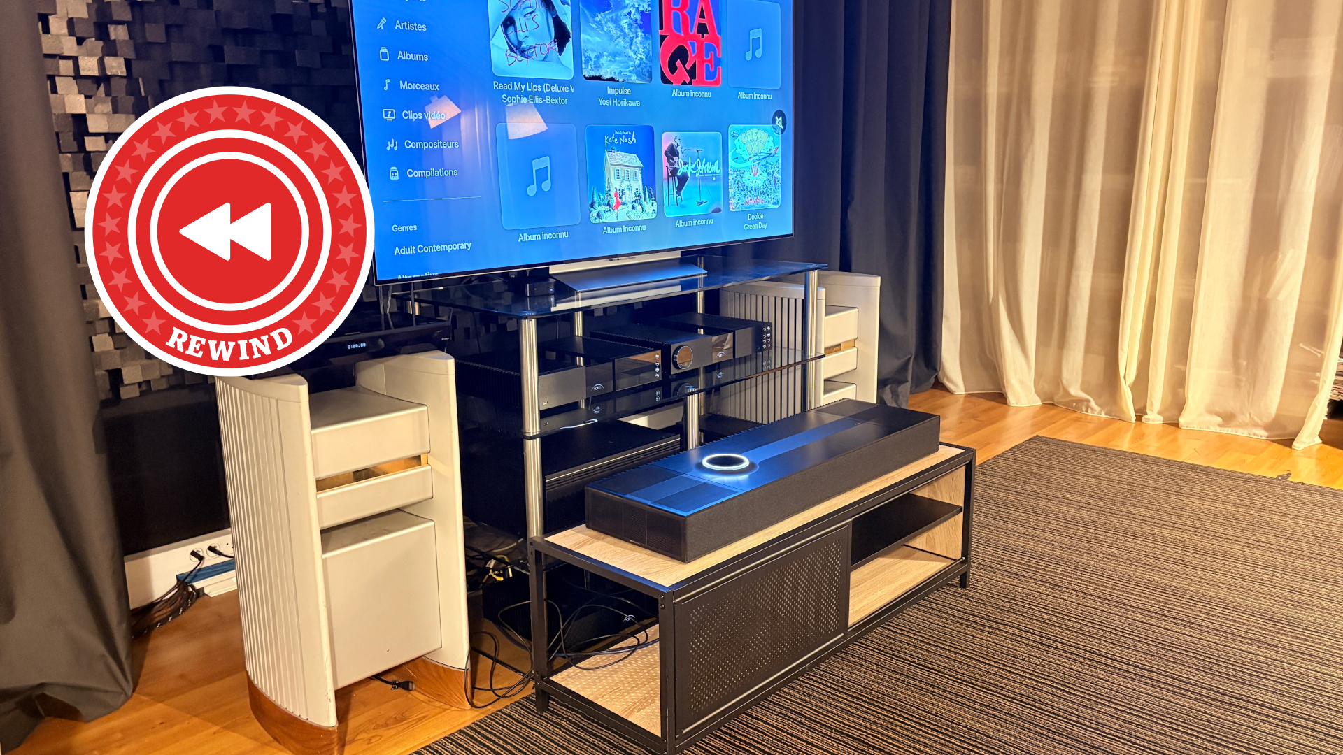 Focsl Mu-so Hekla on stand with Rewind logo