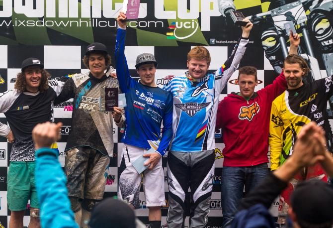 Elite men's podium at iXS European downhill cup in Chatel, France