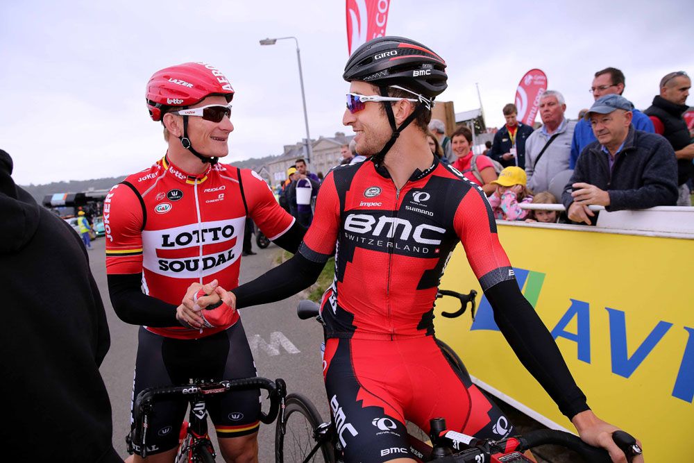 Andr&eacute; Grepiel (Lotto Soudal) greets Taylor Phinney (BMC) at the start