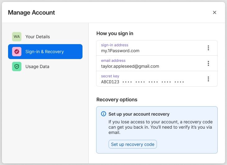 Users can navigate into their 1Password account page to begin creating a Recovery Code.