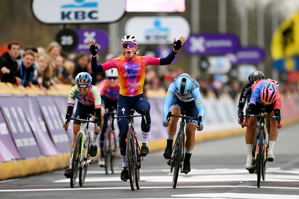 OUDENAARDE BELGIUM APRIL 02 LR Katarzyna Niewiadoma of Poland and Team CanyonSRAM Racing Demi Vollering of The Netherlands and Team SD Worx celebration Elisa Longo Borghini of Italy and Team TrekSegafredo and Silvia Persico of Italy and UAE Team ADQ sprint at finish line during the 20th Ronde van Vlaanderen Tour des Flandres 2023 Womens Elite a 1566km one day race from Oudenaarde to Oudenaarde UCIWWT on April 02 2023 in Oudenaarde Belgium Photo by Tim de WaeleGetty Images