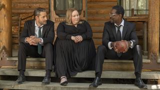 Kevin, Kate, and Randall in funeral clothes in final episode of This is Us