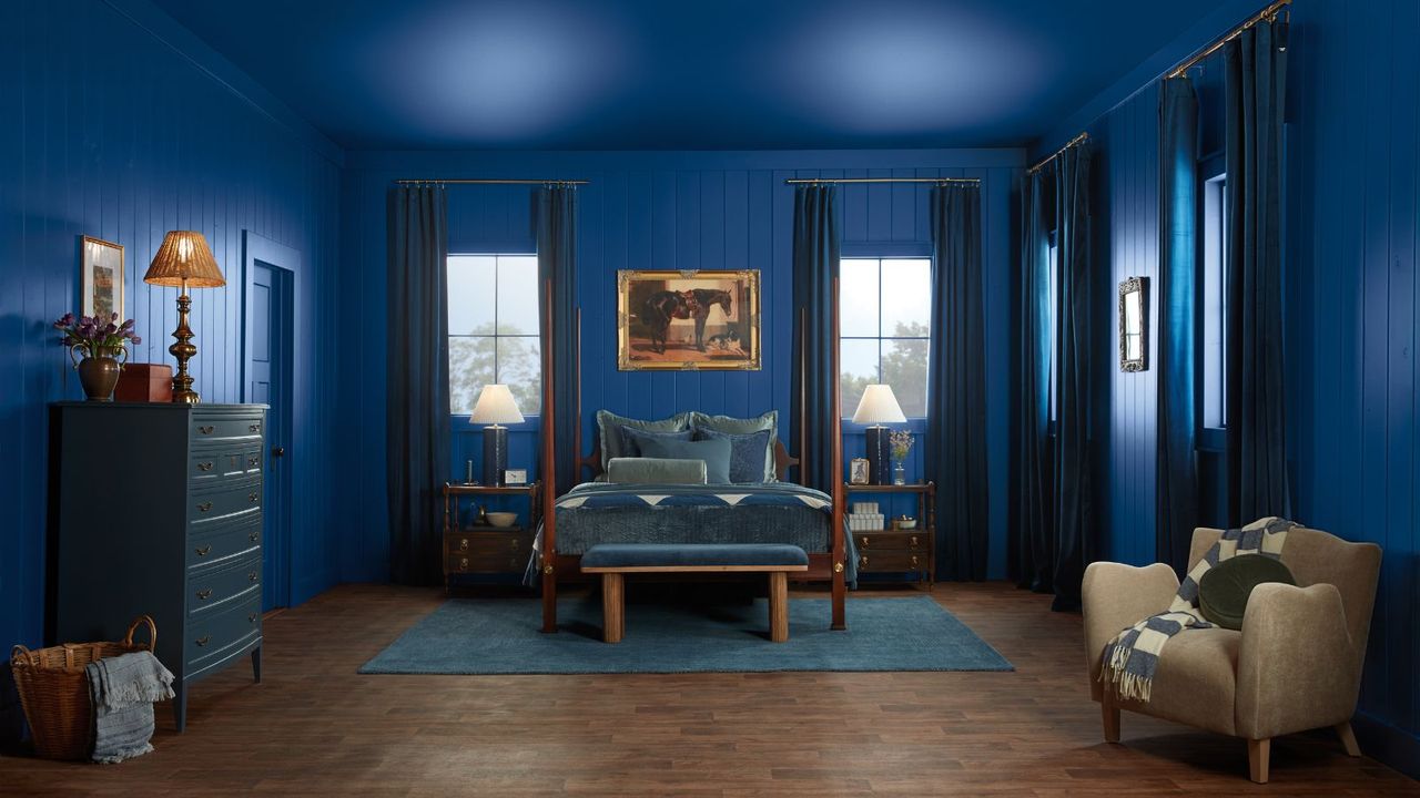 bedroom with dark blue walls and ceiling