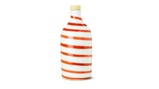 Frantoio Muraglia Extra Virgin Olive Oil in orange and white swirled ceramic bottle