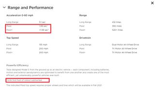Screengrab from Tesla website about Model S Plaid and Plaid+ acceleration