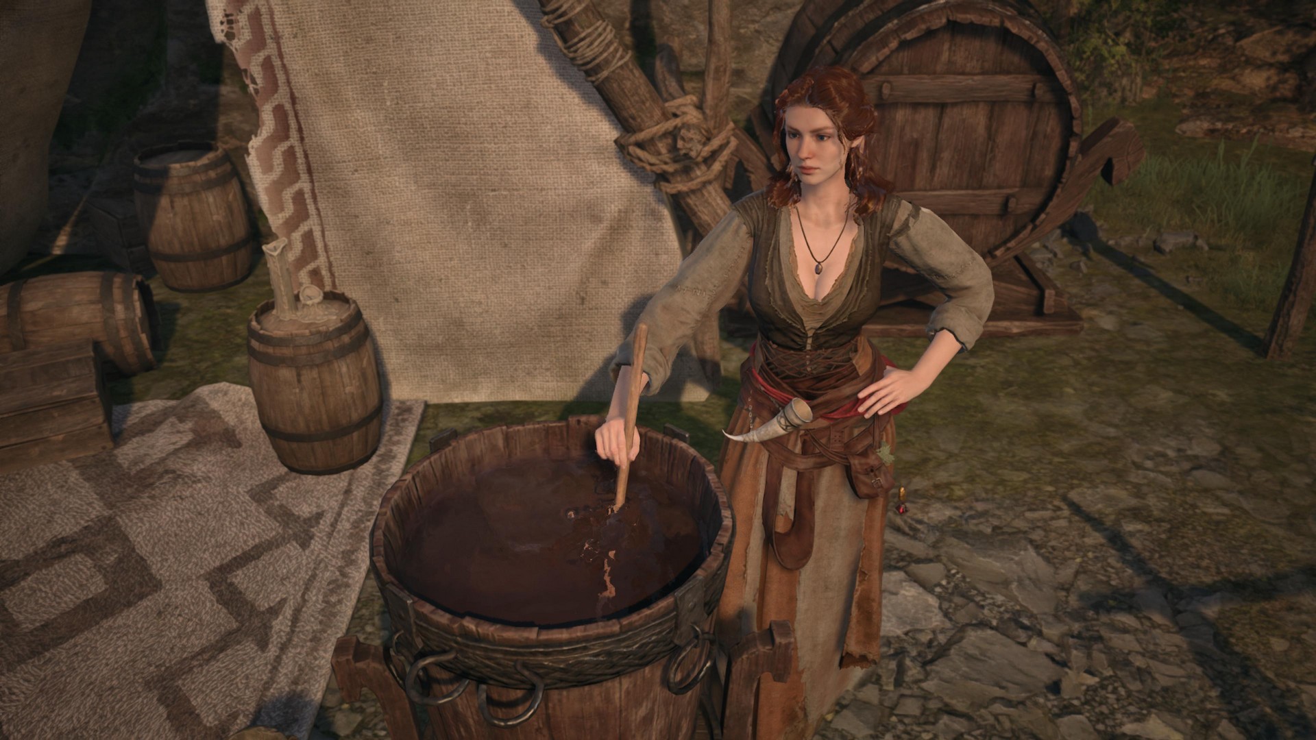A woman stirs some wine in camp in Mistfall Hunter
