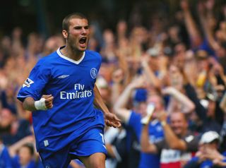 Adrian Mutu celebrates after a scoring for Chelsea in August 2003, but his effort was later disallowed.