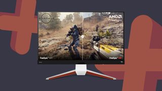 BenQ Mobiuz gaming monitor with Starfield AMD FreeSync on and off demo on screen and navy backdrop with orange plus symbols