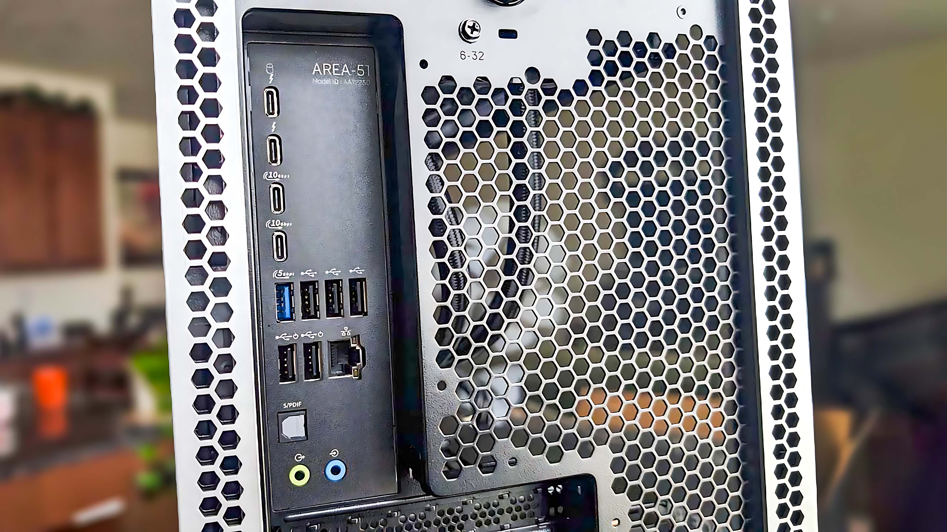 Closeup of the back ports on the Alienware Area-51 Gaming Desktop (2025).