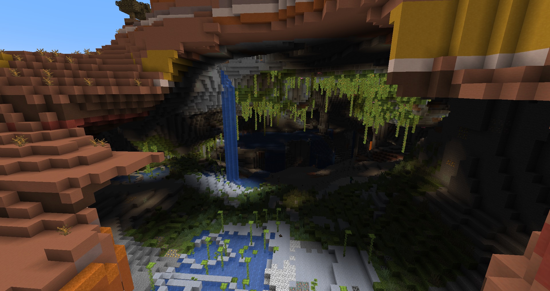 Minecraft - A mesa mountain with a lush cave cavern inside