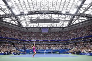 NEW YORK, NEW YORK - SEPTEMBER 07: Aryna Sabalenka of Belarus serves against Jessica Pegula of the United States during their Women's Singles Final match on Day Thirteen of the 2024 US Open at USTA Billie Jean King National Tennis Center on September 07, 2024 in the Flushing neighborhood of the Queens borough of New York City. (Photo by Luke Hales/Getty Images)