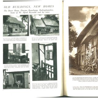 page of book with sloping roof houses having exposed brick walls