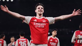 Declan Rice of Arsenal celebrates scoring their second goal during the UEFA Champions League 2025/26 Round of 16 Second Leg match between Arsenal FC and Bayer 04 Leverkusen at Arsenal Stadium