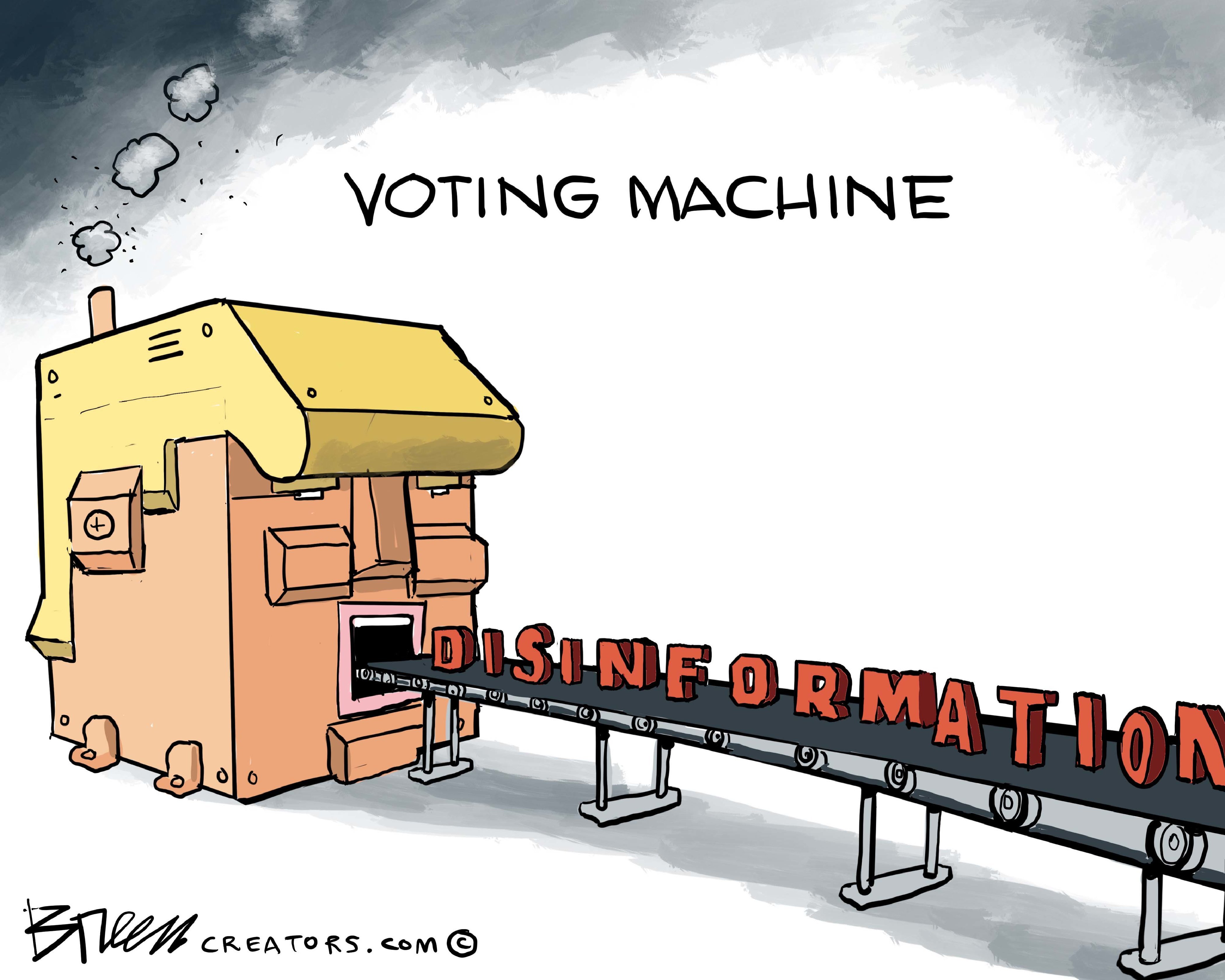This cartoon is titled &amp;ldquo;Voting Machine&amp;rdquo;. It depicts a blocky, mechanical version of Donald Trump&amp;rsquo;s head. His mouth is open and a conveyer belt filled with disinformation is rolling out from his open mouth.