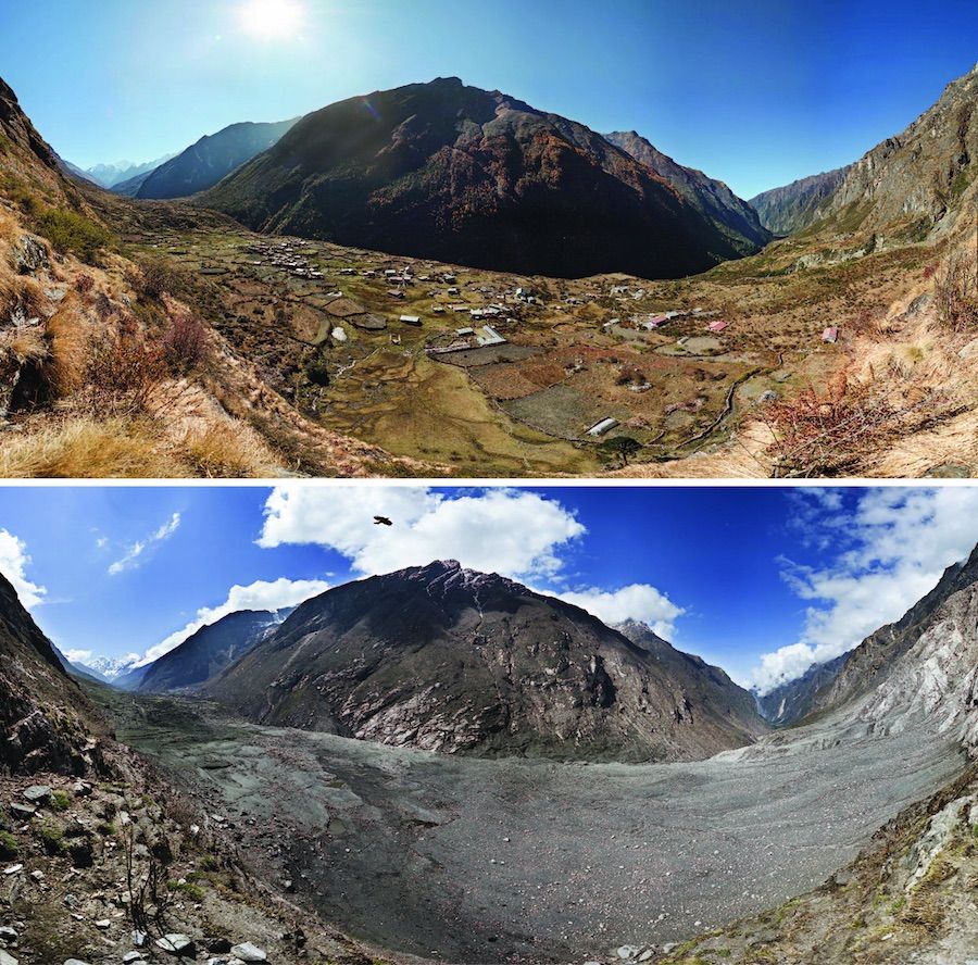 photos showing destruction of Langtang Valley in Nepal due to a huge earthquake in 2015.