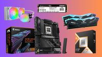 PC component bundle featuring a motherboard, cpu, cpu cooler, memory, and SSD.