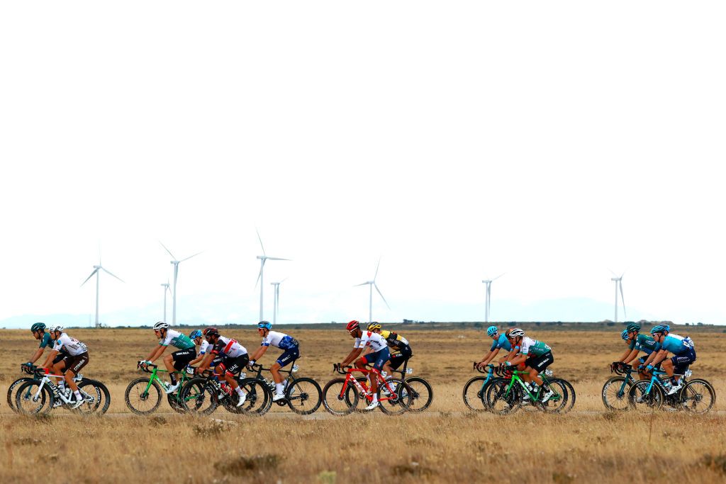 VILLADIEGO SPAIN AUGUST 03 A general view of Clment Champoussin of France and Ag2R Citroen Team Jon Barrenetxea Golzarri of Spain and Team Caja RuralSeguros RGA Fernando Gaviria Rendon of Colombia and UAE Team Emirates Marco Frigo of Italy and Team Israel Premier Tech Amanuel Ghebreigzabhier Werkilul of Eritrea and Team Trek Segafredo David Dekker of Netherlands and Jumbo Visma Team and the peloton competing during the 44th Vuelta a Burgos 2022a Stage 2 a 158km stage from Vivar del Cid to Villadiego on August 03 2022 in Villadiego Spain Photo by Gonzalo Arroyo MorenoGetty Images