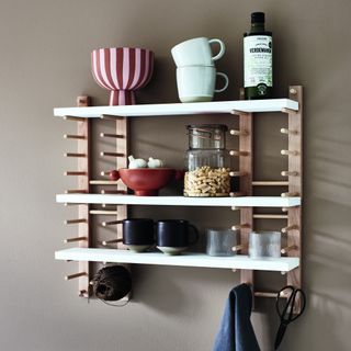 Wooden shelving in kitchen
