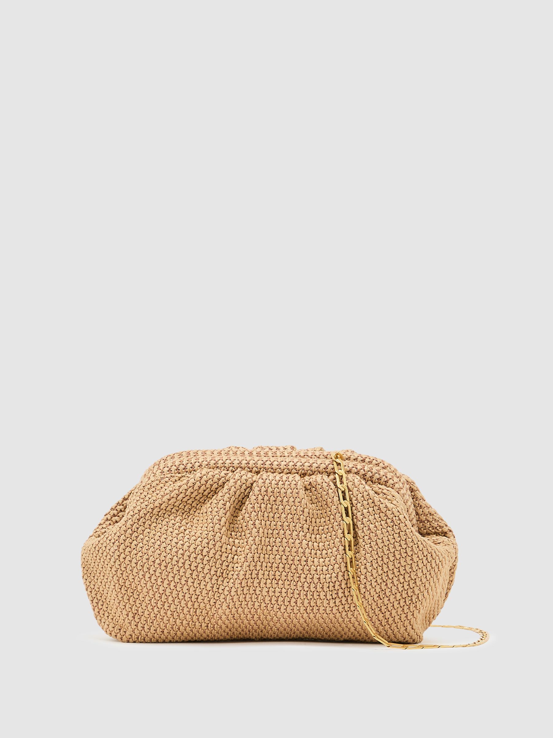 Raffia-Effect Ruched Clutch Bag in Natural
