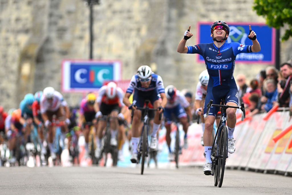 LAON FRANCE MAY 17 A general view of Romain Grgoire of France and Team GroupamaFDJ celebrates at finish line as stage winner ahead of Ethan Vernon of Great Britain and Team SoudalQuick Step and Benoit Cosnefroy of France and Team Ag2rCitron during the the 67th 4 Jours de Dunkerque Grand Prix des Hauts de France 2023 Stage 2 a 1699km at stage from Compigne to Laon on May 17 2023 in Laon France Photo by Luc ClaessenGetty Images