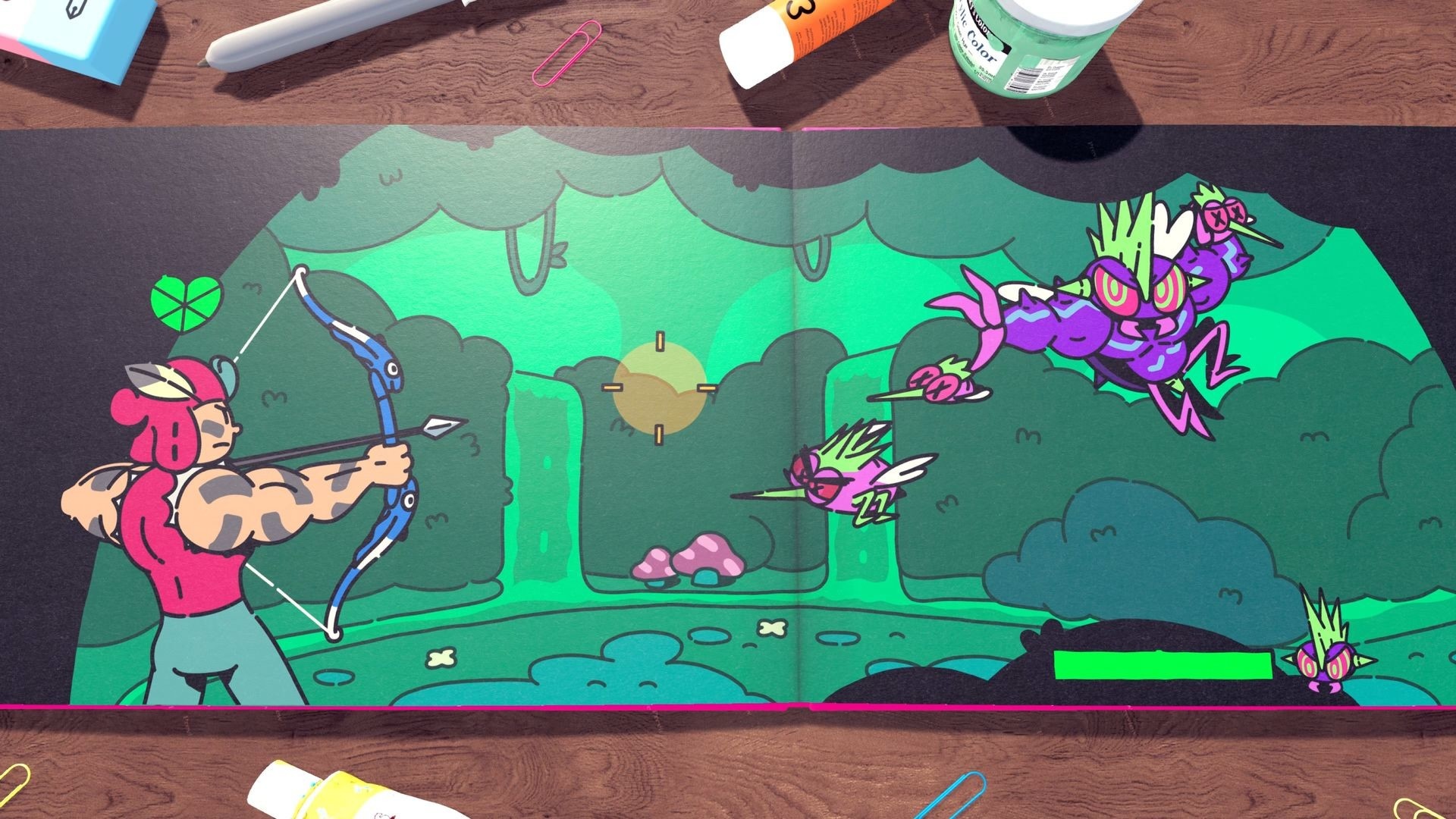 Artwork showing the main character in Plucky Squire aiming an arrow at enemies