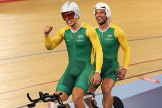 Australia's Scott McPhee (left) and Kieran Modra celebrate taking the gold medal in the men's Individual B Pursuit at the 2012 Paralympic Games in London