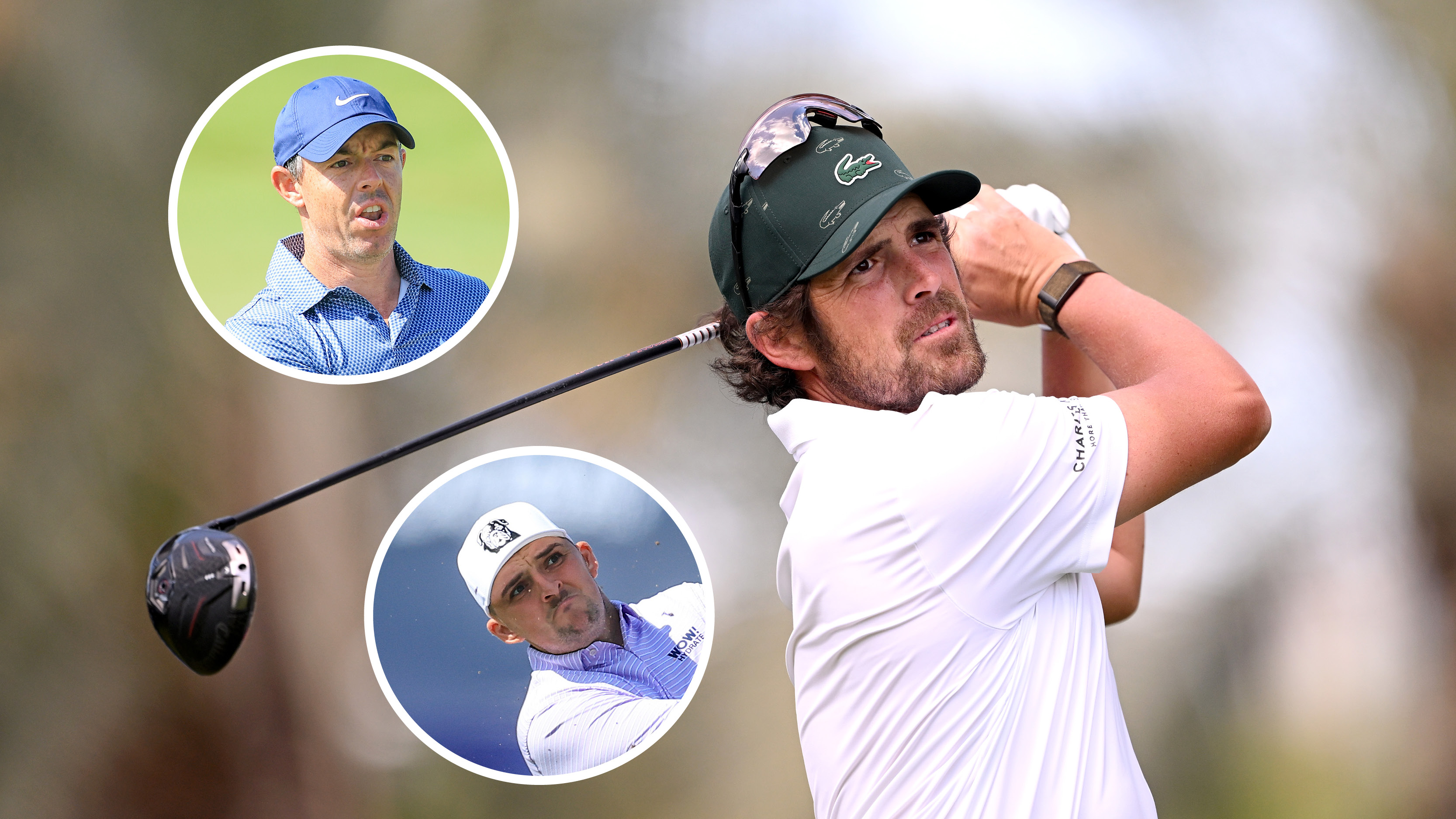 Main image of Nacho Elvira hitting a drive with inset headshots of Rory McIlroy (upper left) and Marcus Armitage (bottom)