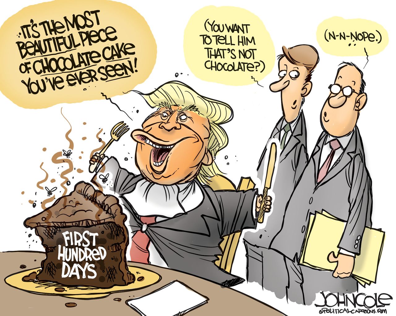 Political Cartoon U.S. Trump Syria bombing chocolate cake first hundred days