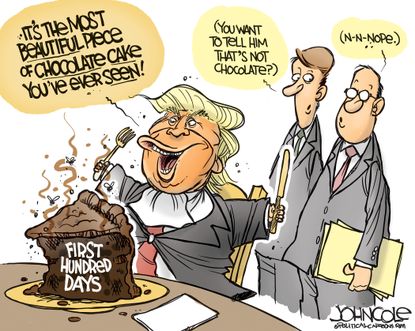 Political Cartoon U.S. Trump Syria bombing chocolate cake first hundred days