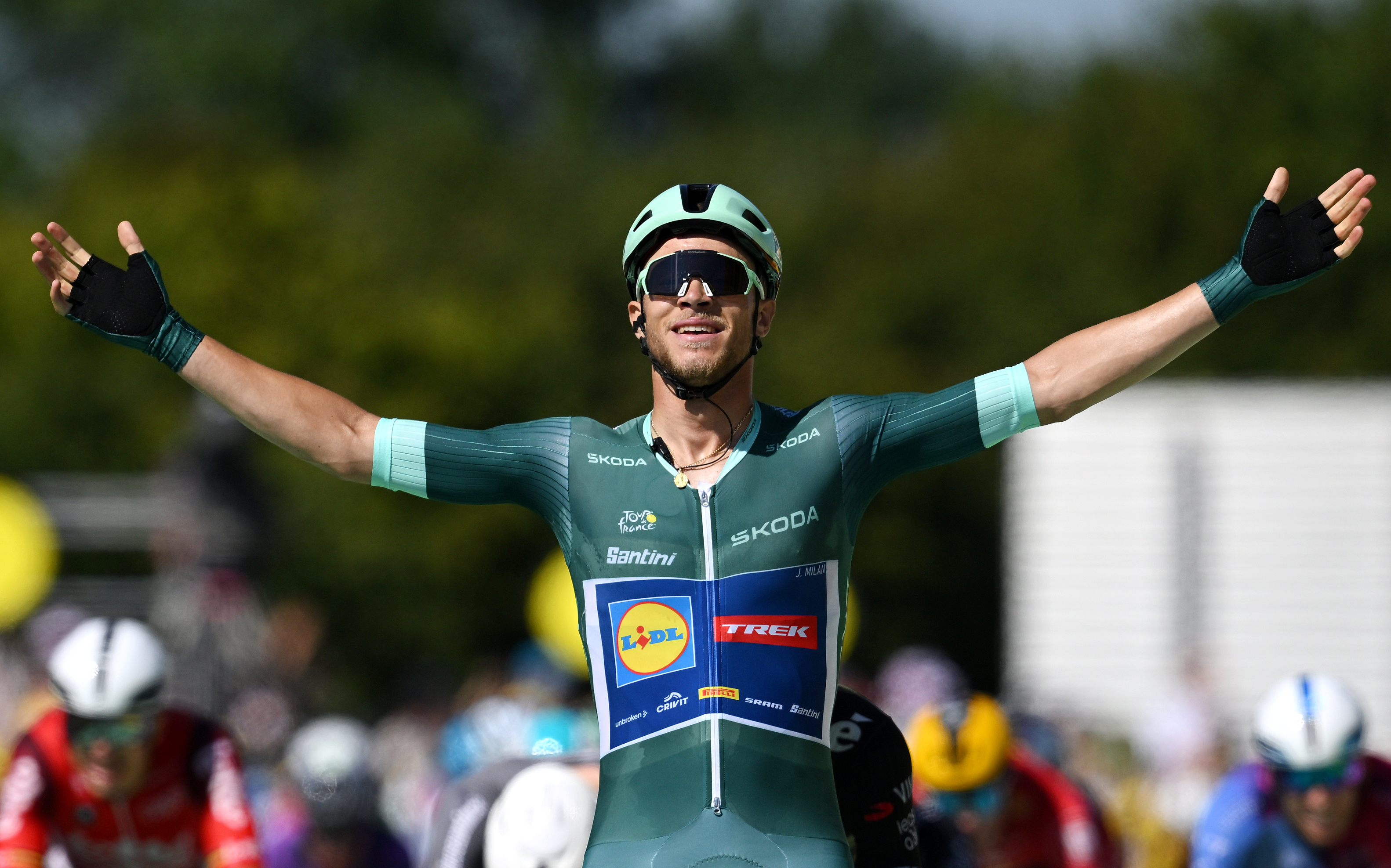 LAVAL, FRANCE - JULY 12: Jonathan Milan of Italy and Team Lidl - Trek - Green Sprint Jersey celebrates at finish line as stage winner during the 112th Tour de France, Stage 8 a 197km stage from Saint-Meen-le-Grand to Laval (Espace Mayenne) / #UCIWT / on July 12, 2025 in Laval, France. (Photo by Dario Belingheri/Getty Images)