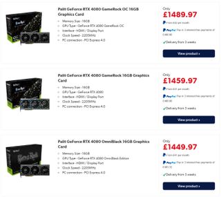 LaptopDirect listing for the RTX 4080 16GB