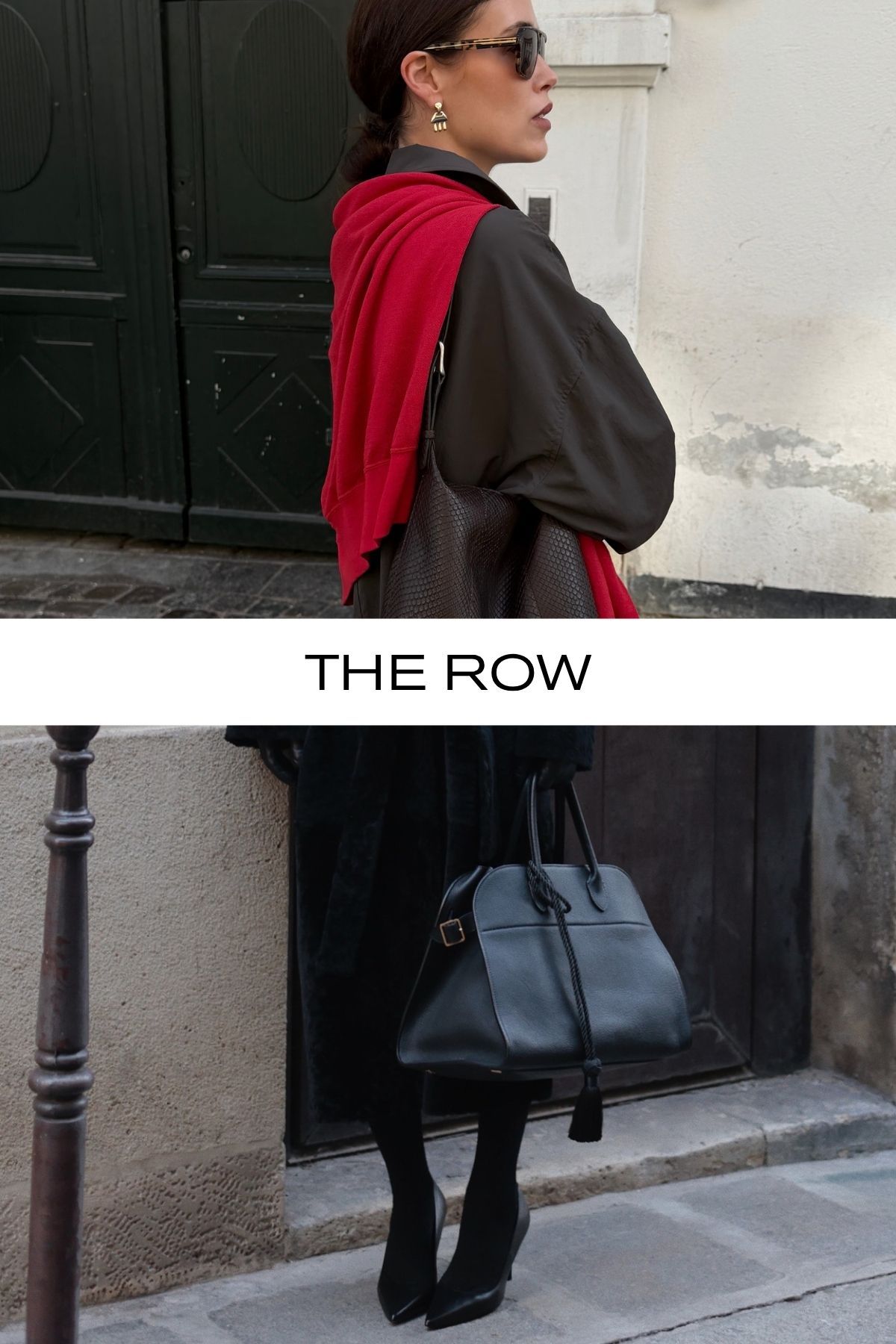 Woman wears grey trench coat and red jumper; woman wears shearling coat, black heels and black bag