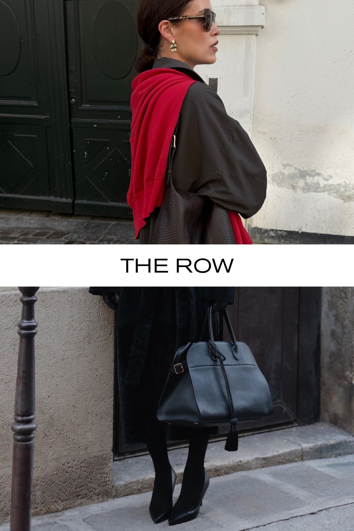 Woman wears grey trench coat and red jumper; woman wears shearling coat, black heels and black bag