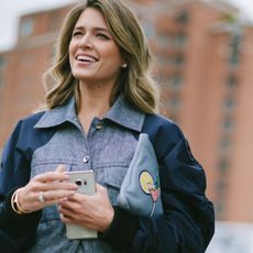 Helena Borden during NYFW wearing denim shirt and glowy skin - Murad Vitamin C Glycolic Serum review