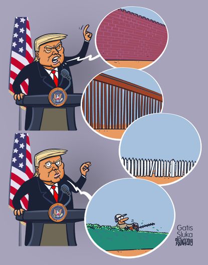 Political Cartoon U.S. Trump wall border fence agreement