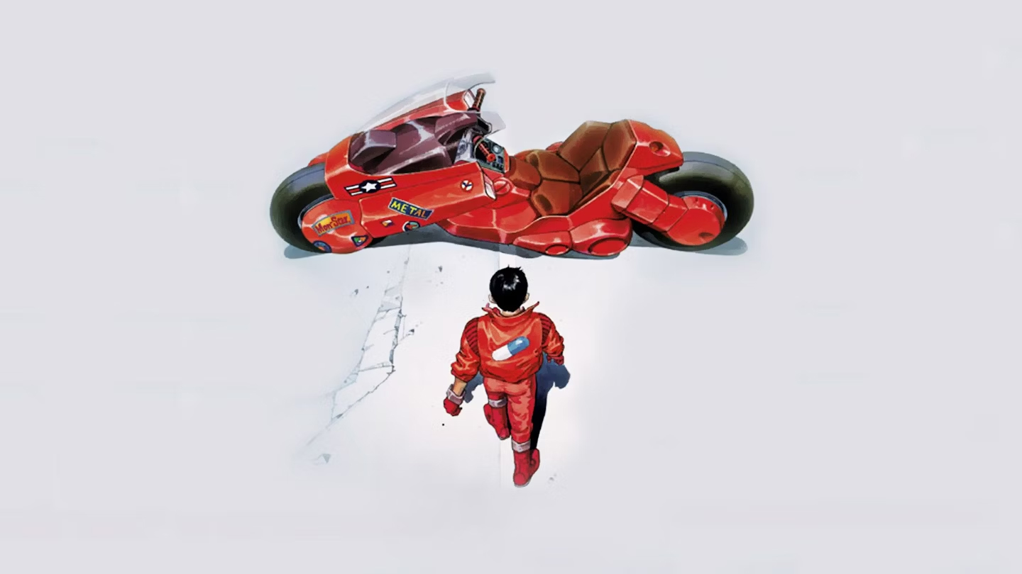 Best cartoons of the 1980s; a man in a red jack walks toward a red sci-fi motorbike