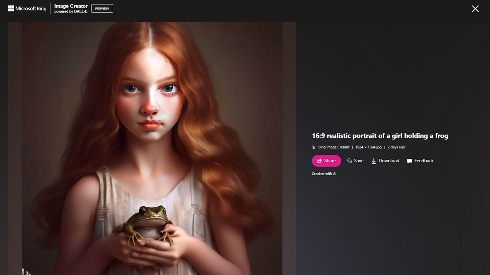 Imagen de Bing Image Creator de una niña sosteniendo una rana con manos inexactas