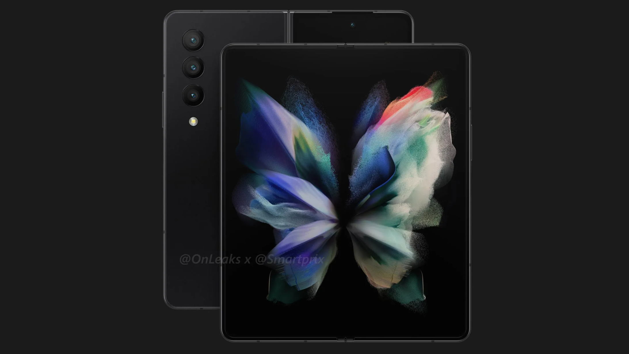 A render of the Samsung Galaxy Z Fold 4, showing two of the phones open, facing away and towards the camera