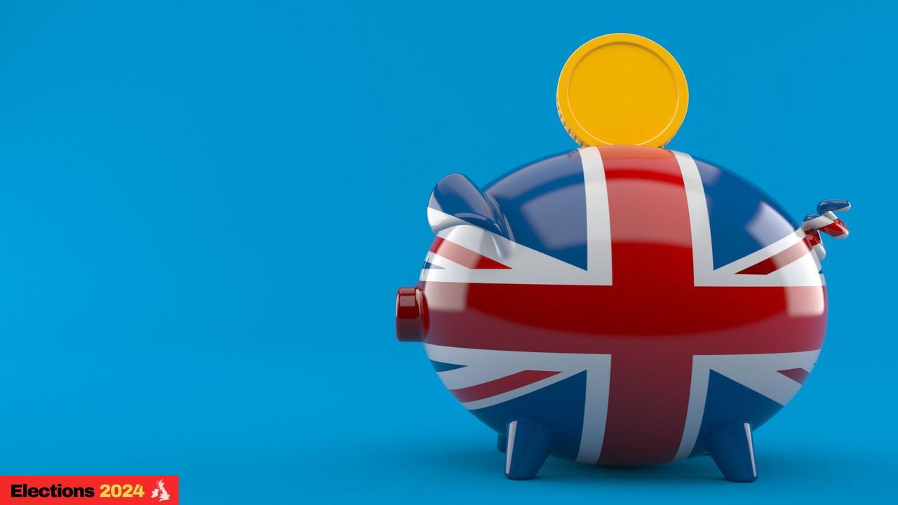 UK piggy bank with coin isolated on blue background