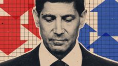 Photo collage illustration of Kevin Warsh surrounded by arrows pointing up and down