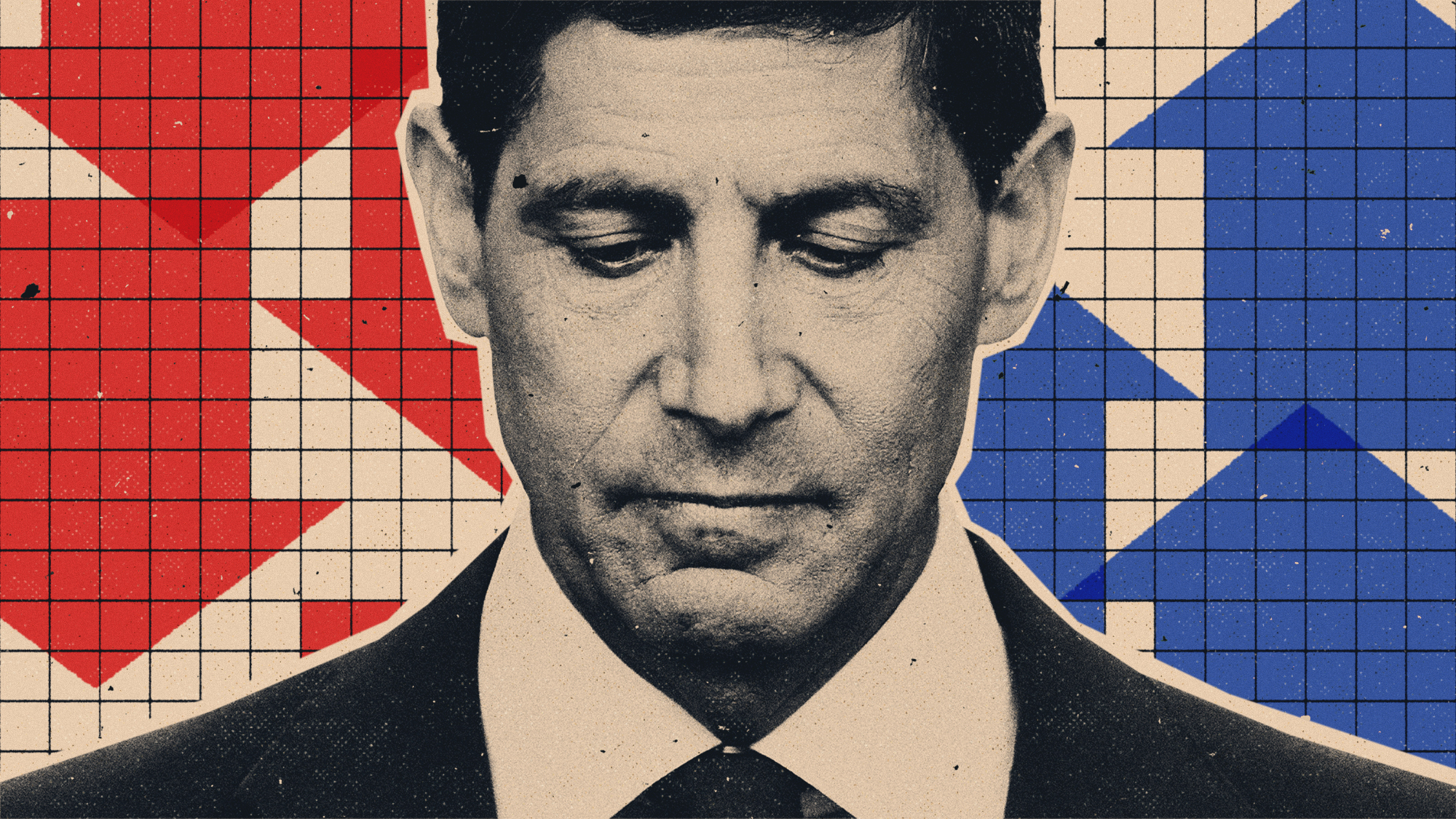Photo collage illustration of Kevin Warsh surrounded by arrows pointing up and down