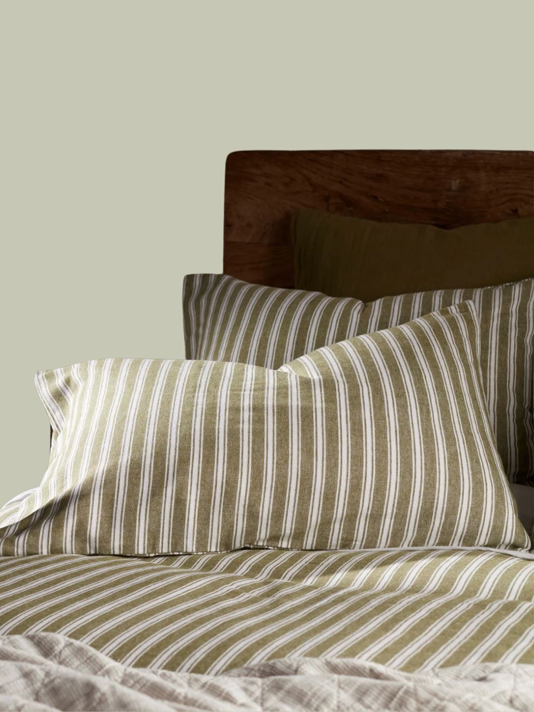 Secret Linen Store, Olive Green Fred Stripe Brushed 100% Organic Cotton Standard Pillow
